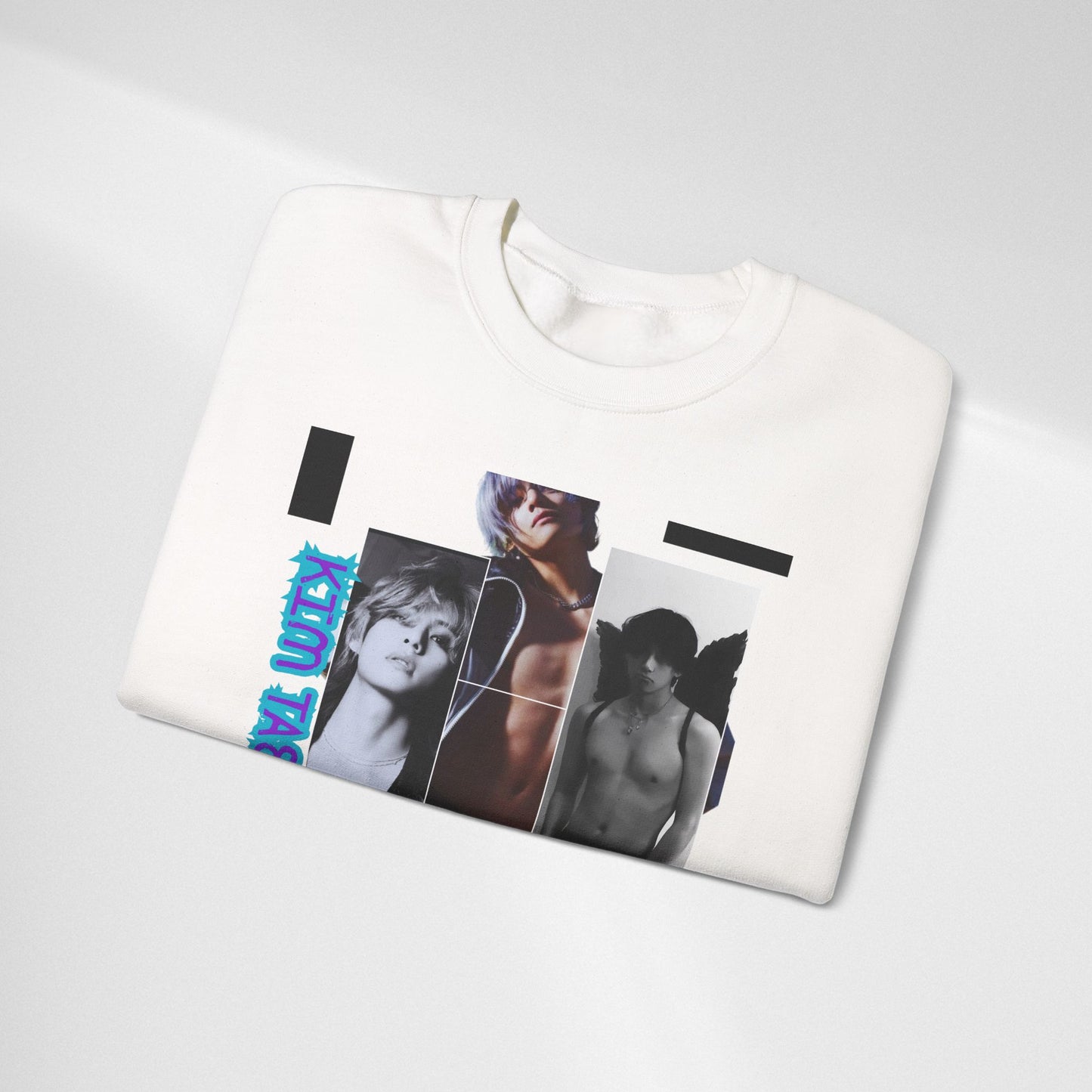 Collage Photo Crewneck Sweatshirt — Retro Portraits with Blue 'KPOP TAEHYUNG' Text