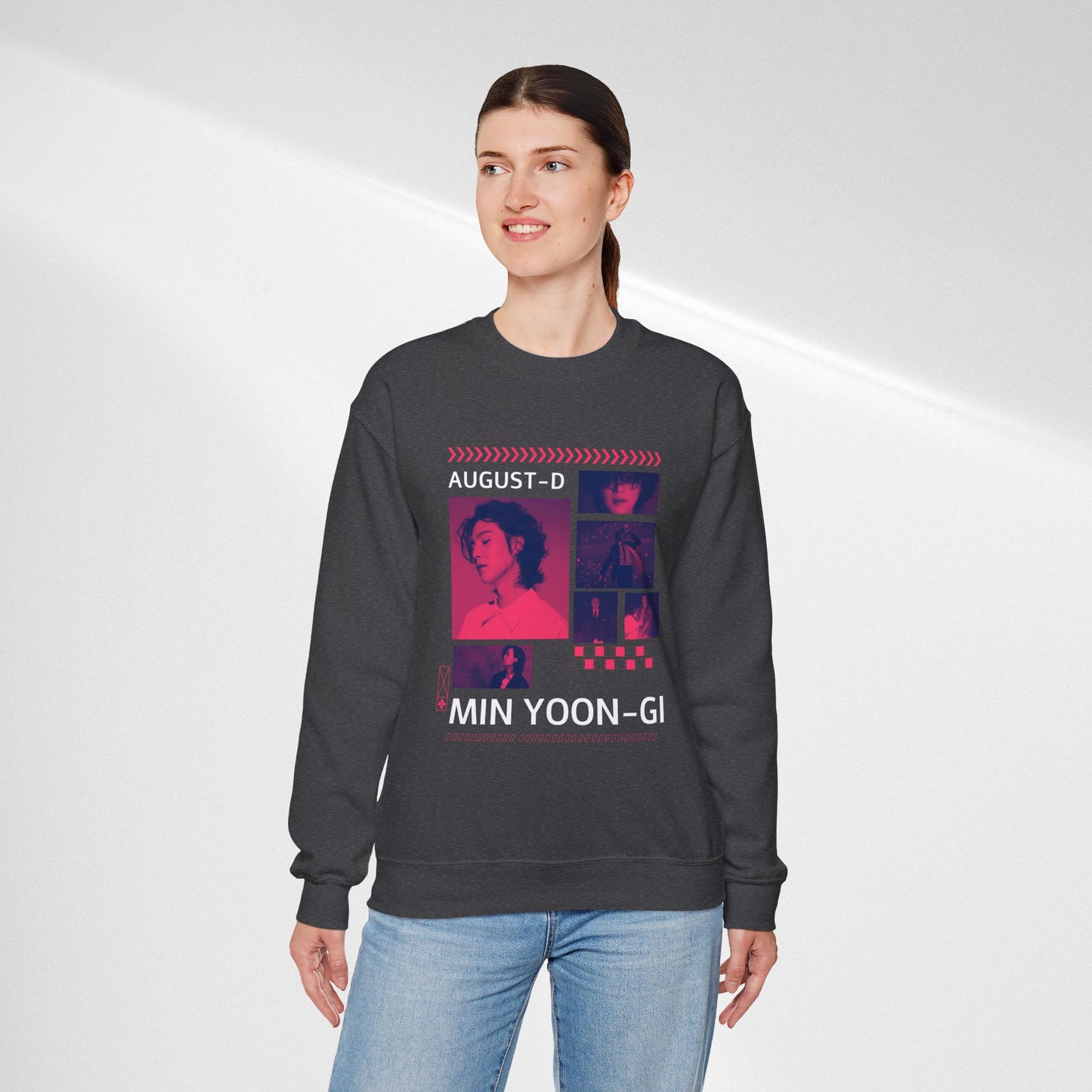 Graphic Crewneck Sweatshirt — 'MIN YOON-GI' Neon Photo Collage