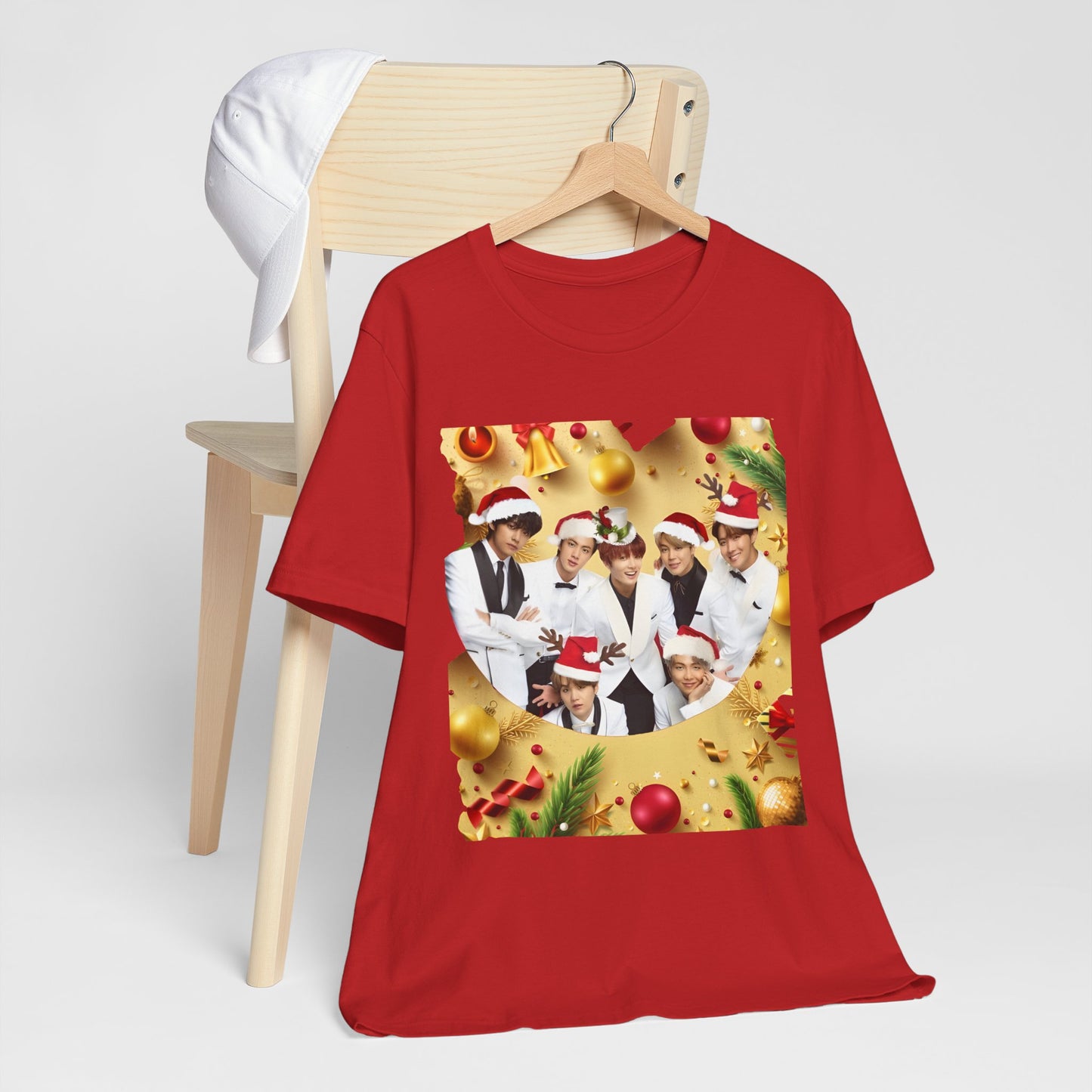 Christmas BTS Photo T‑Shirt — Holiday Santa Hat Group Design
