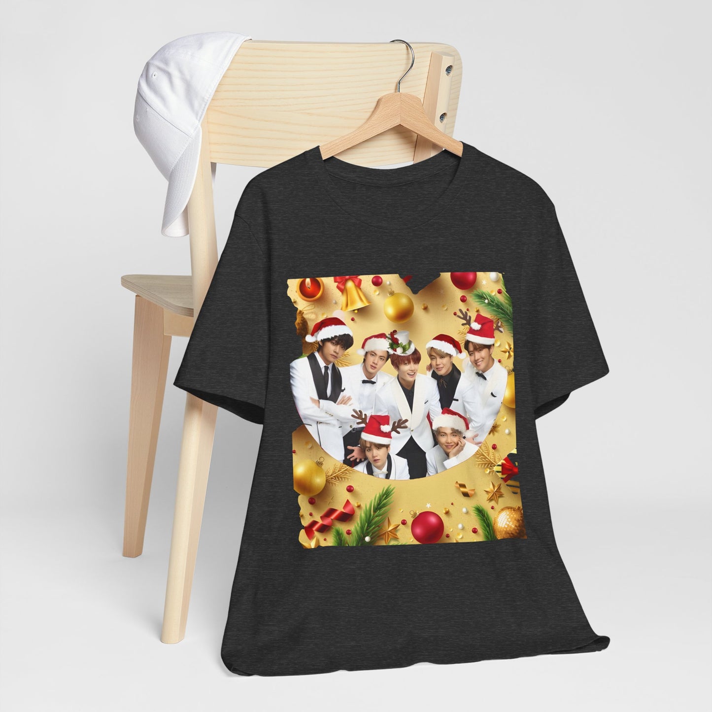 Christmas BTS Photo T‑Shirt — Holiday Santa Hat Group Design