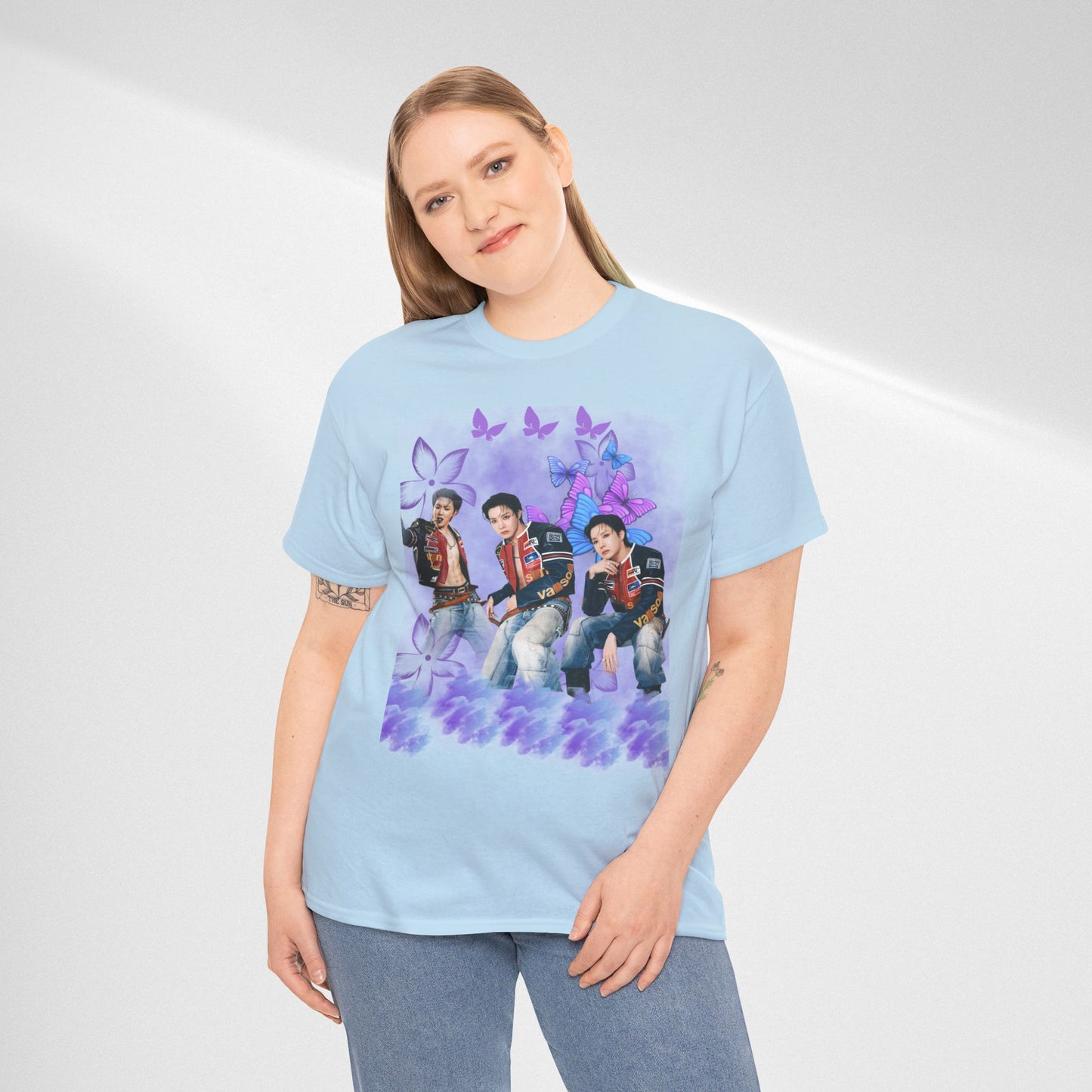 JHOPE Retro Pop Band Portrait Tee — Purple Butterfly Graphic T-Shirt