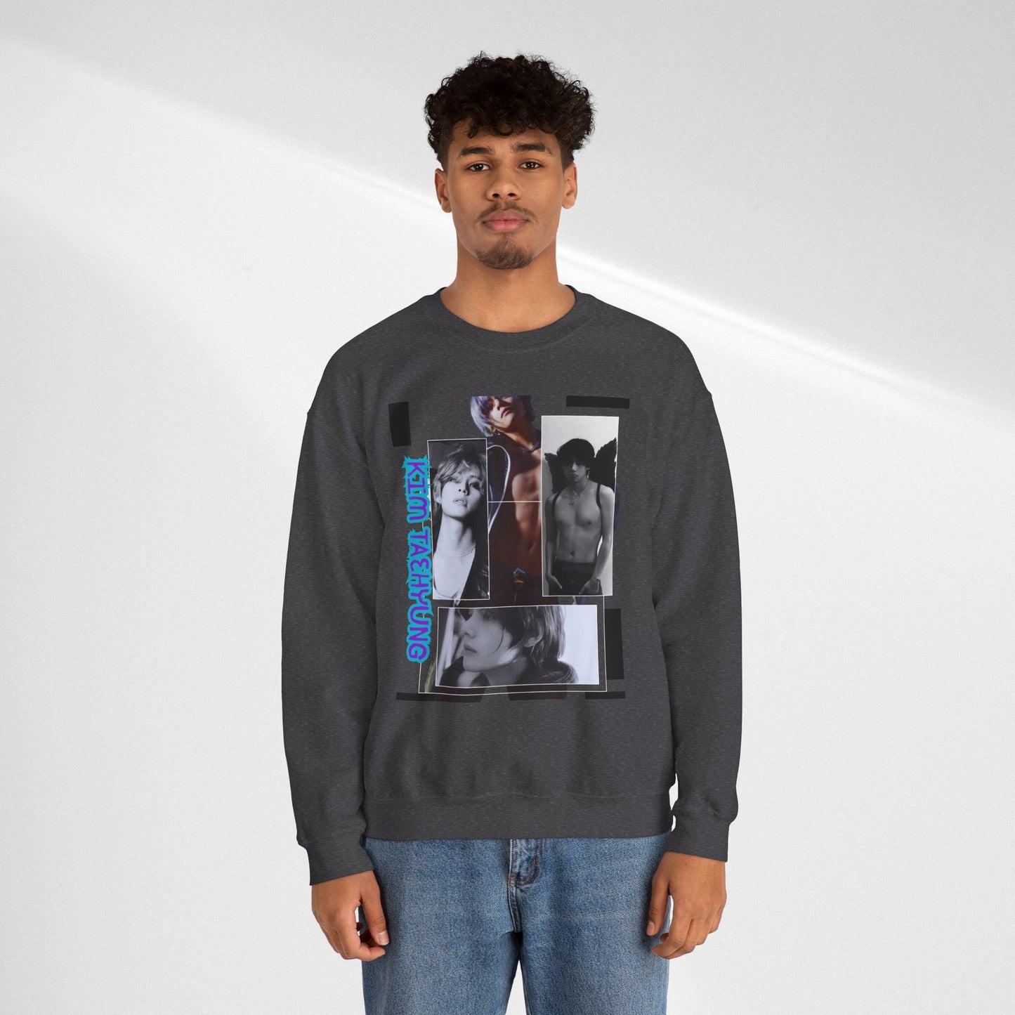 Collage Photo Crewneck Sweatshirt — Retro Portraits with Blue 'KPOP TAEHYUNG' Text
