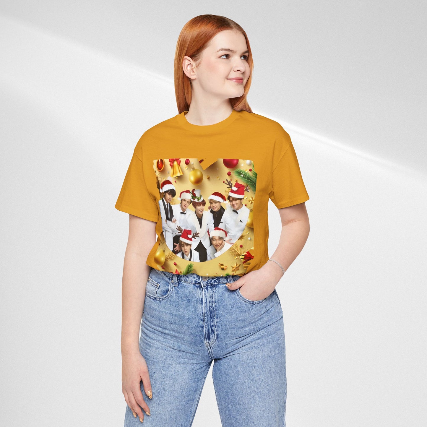 Christmas BTS Photo T‑Shirt — Holiday Santa Hat Group Design