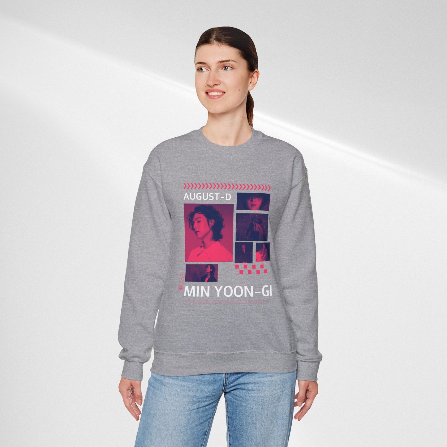 Graphic Crewneck Sweatshirt — 'MIN YOON-GI' Neon Photo Collage