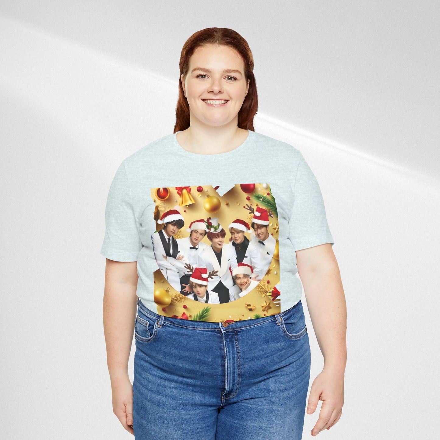 Christmas BTS Photo T‑Shirt — Holiday Santa Hat Group Design