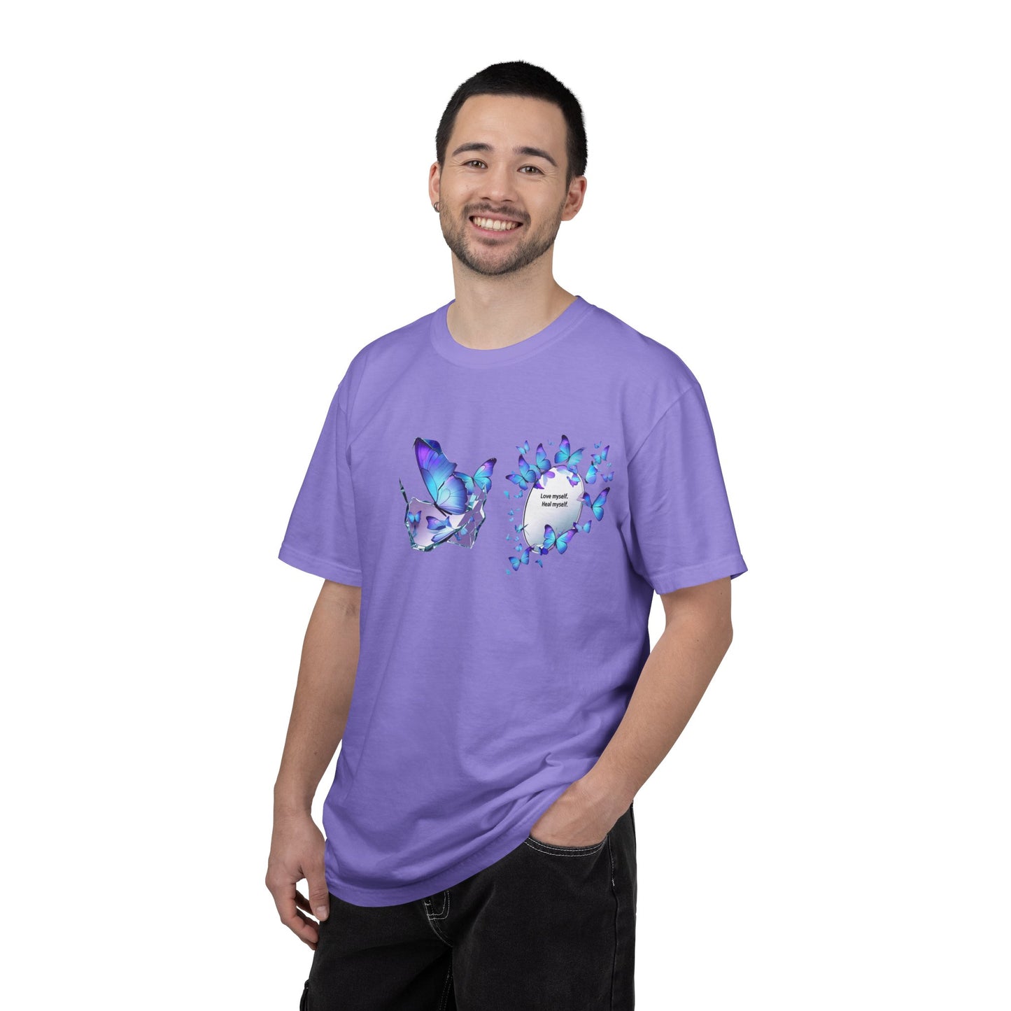 Butterfly Heart T-Shirt — Blue Watercolor Butterflies & "Everyone Deserves Love" Design