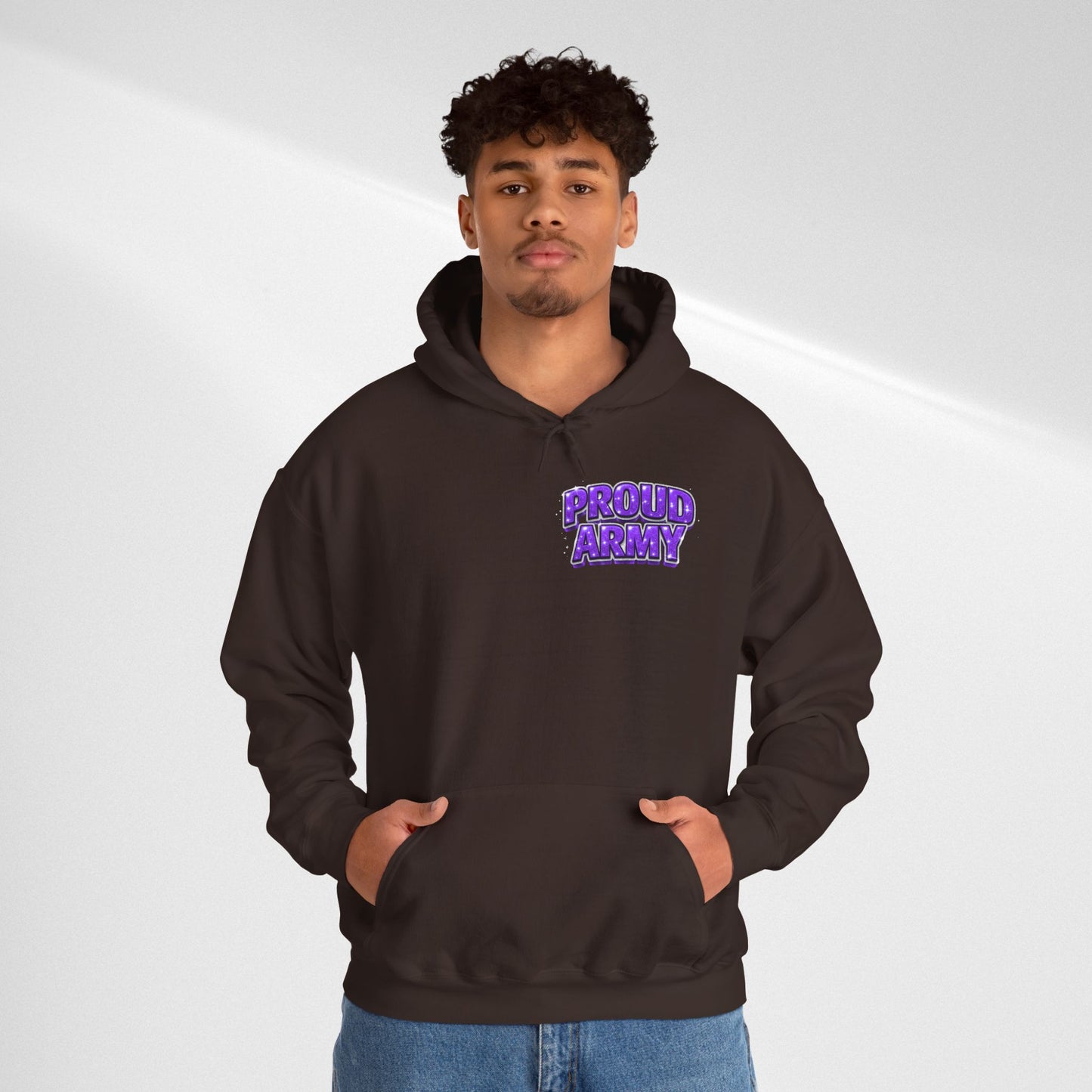 Proud Army Hoodie — Bold Purple Text Military Support Pullover