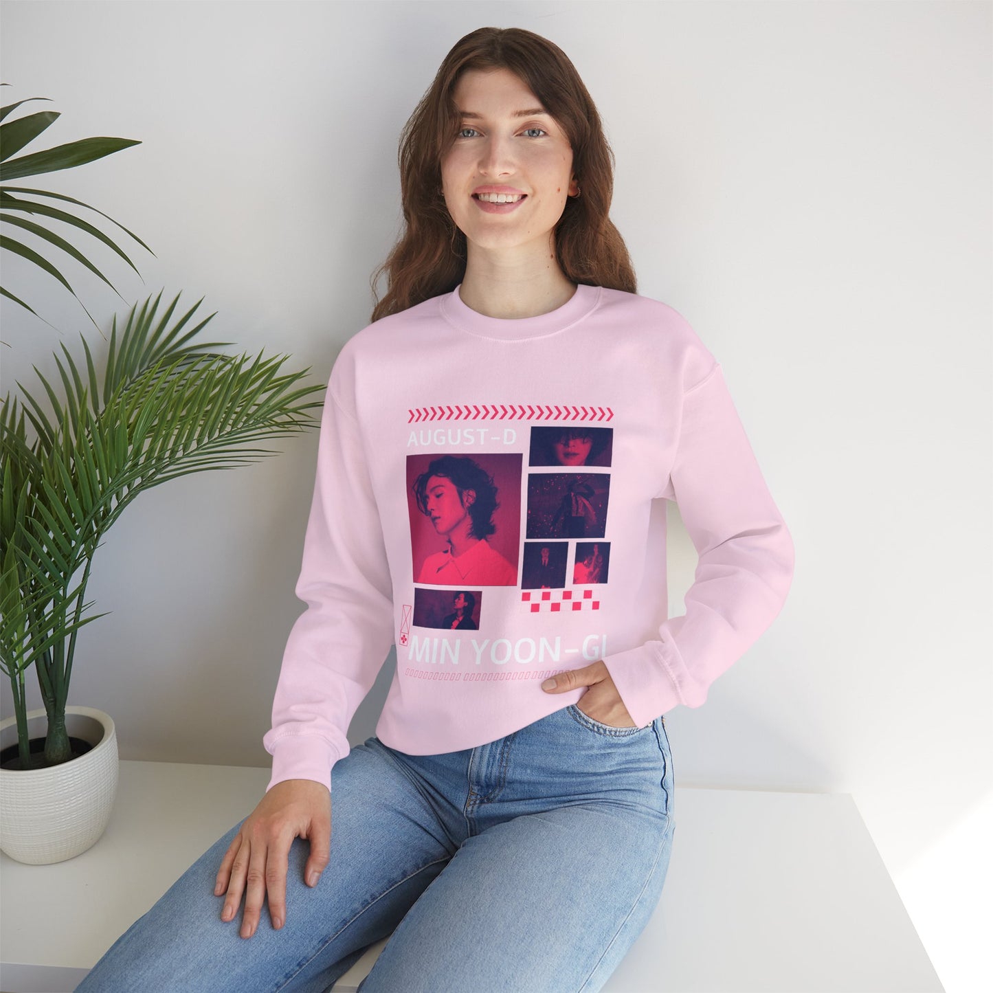 Graphic Crewneck Sweatshirt — 'MIN YOON-GI' Neon Photo Collage