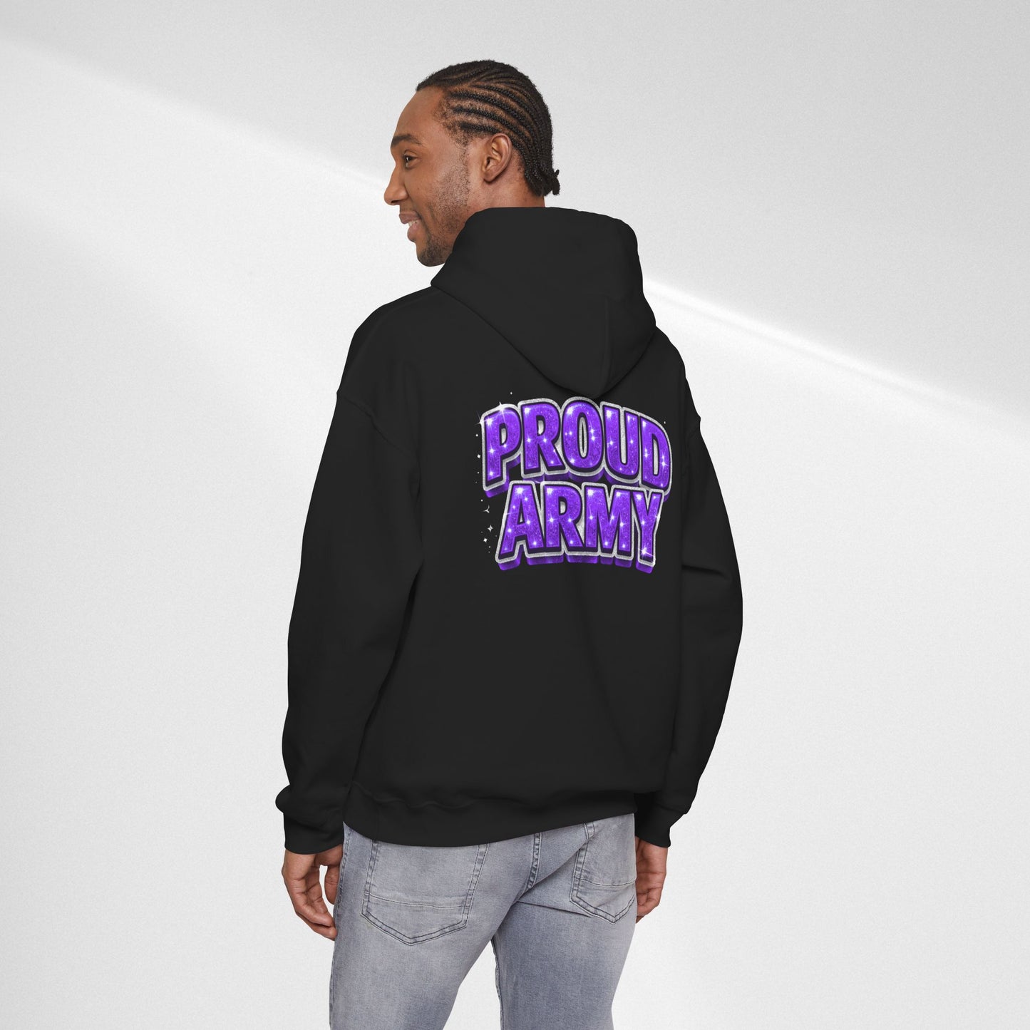 Proud Army Hoodie — Bold Purple Text Military Support Pullover