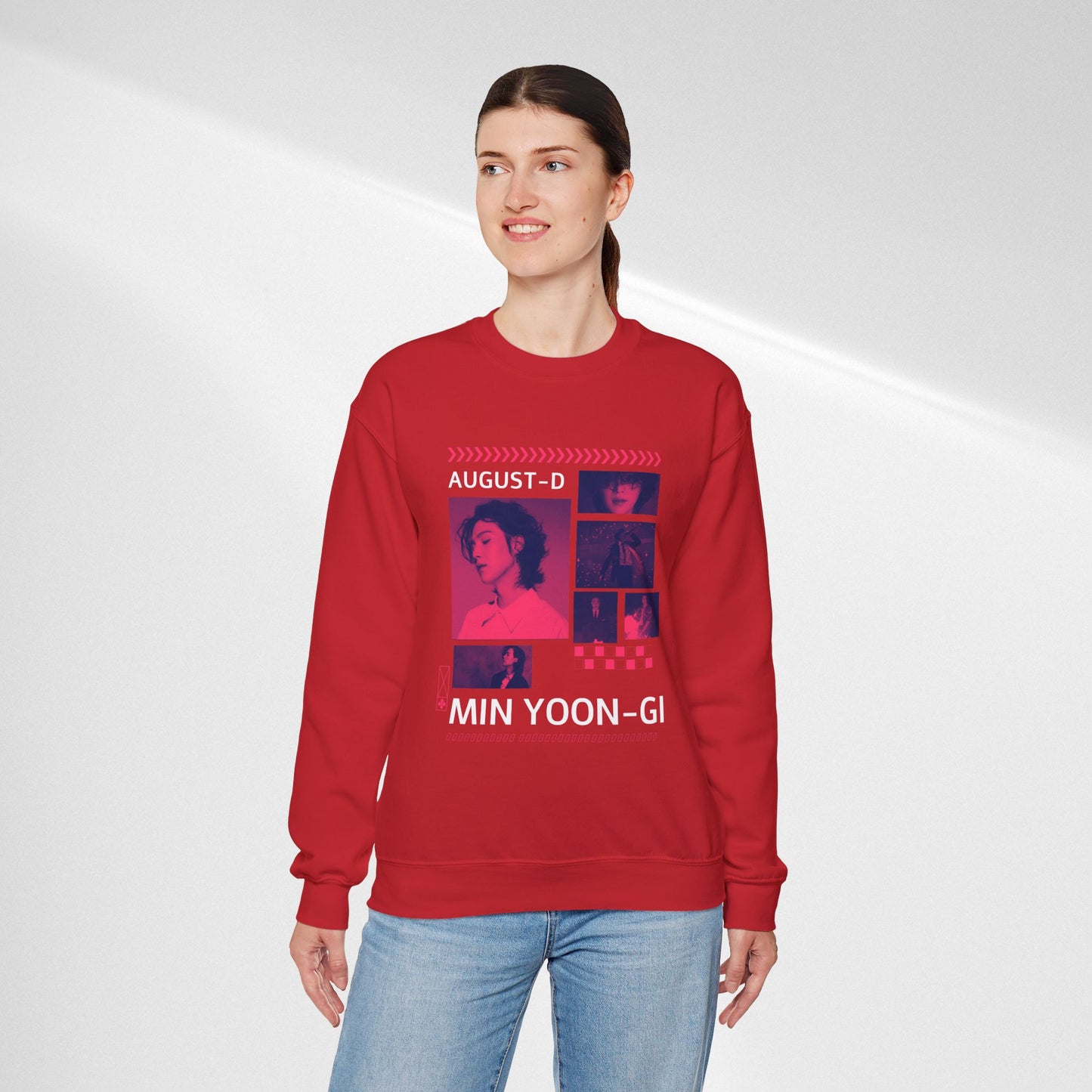 Graphic Crewneck Sweatshirt — 'MIN YOON-GI' Neon Photo Collage