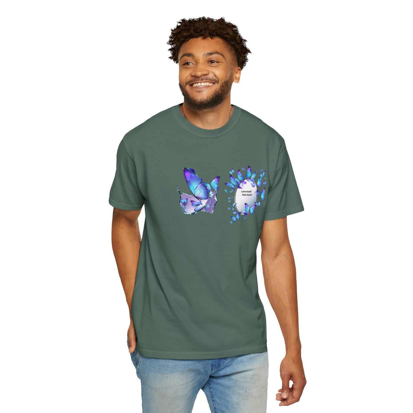 Butterfly Heart T-Shirt — Blue Watercolor Butterflies & "Everyone Deserves Love" Design