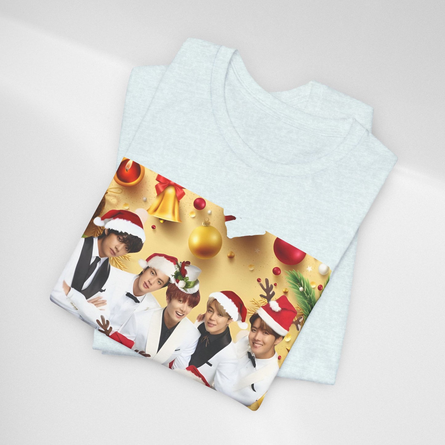 Christmas BTS Photo T‑Shirt — Holiday Santa Hat Group Design