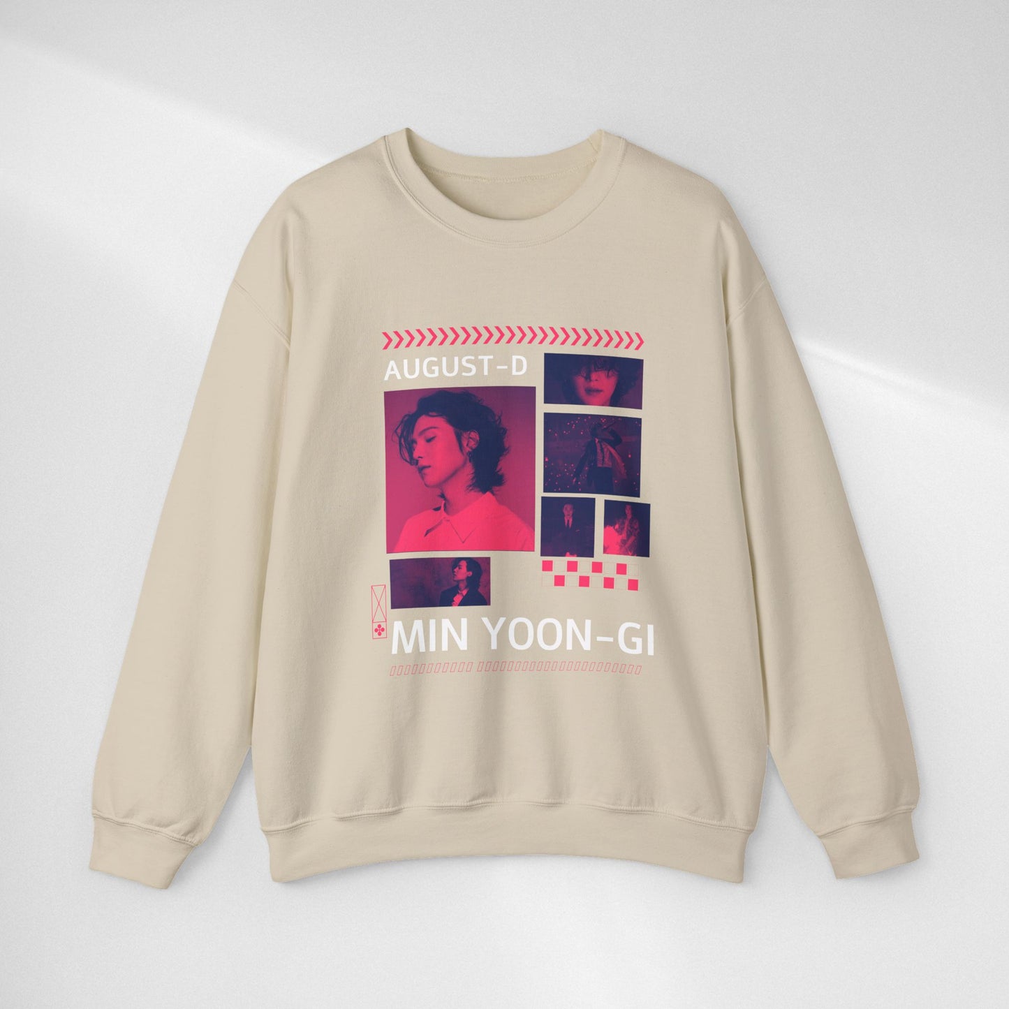 Graphic Crewneck Sweatshirt — 'MIN YOON-GI' Neon Photo Collage