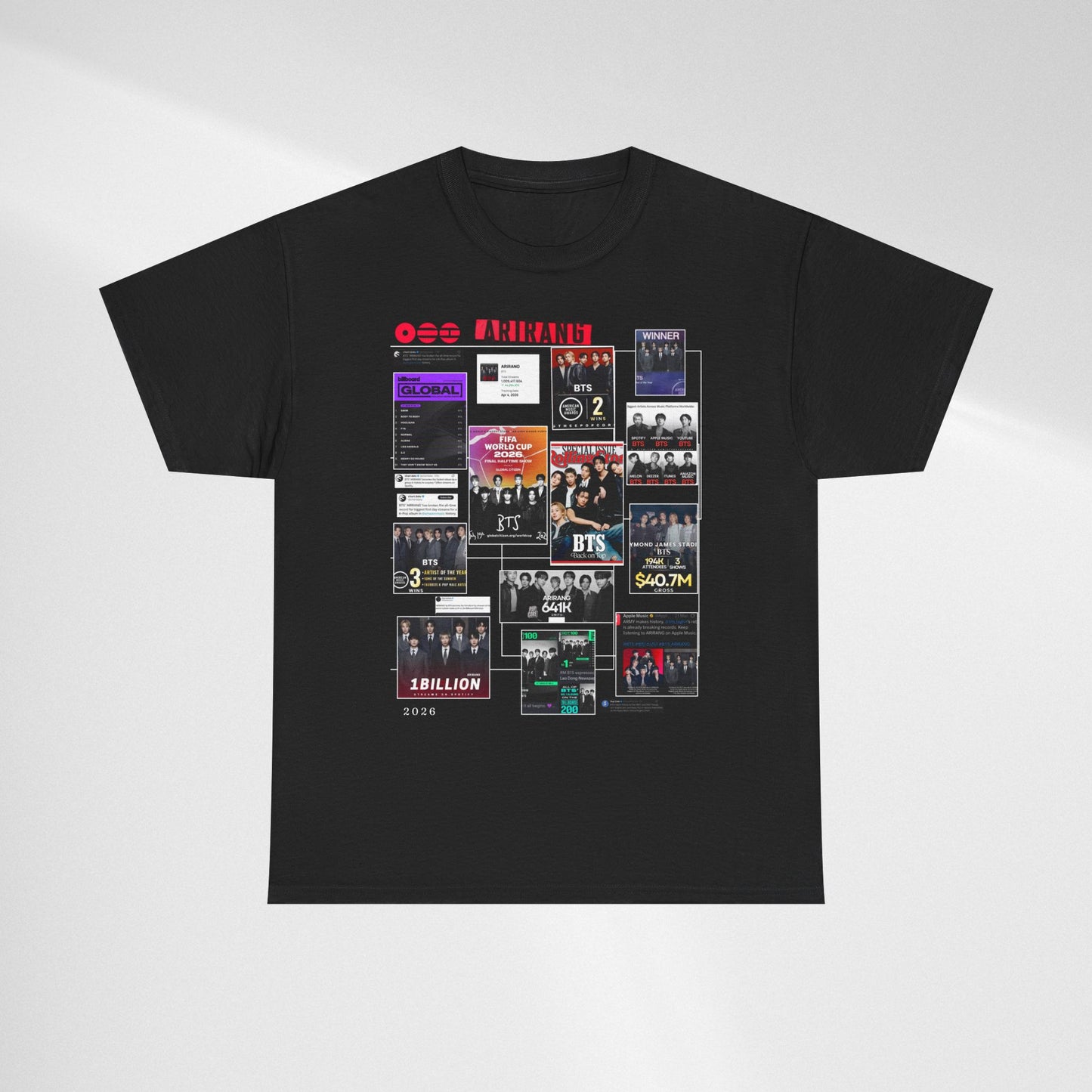 BTS ARIRANG Collage Tee — Iconic Albums & Milestones Graphic T-Shirt