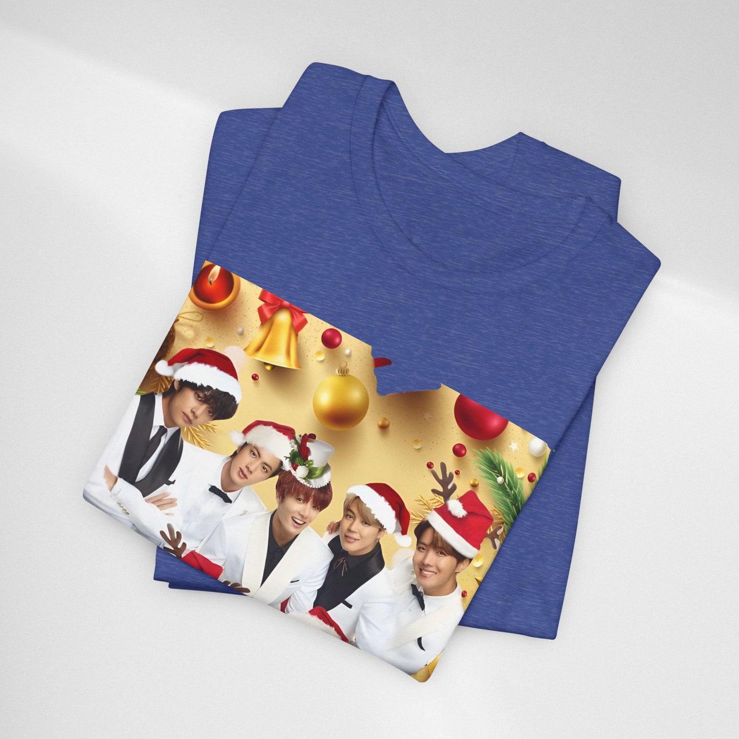 Christmas BTS Photo T‑Shirt — Holiday Santa Hat Group Design