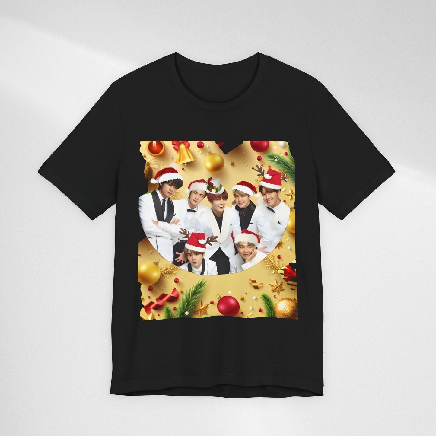 Christmas BTS Photo T‑Shirt — Holiday Santa Hat Group Design
