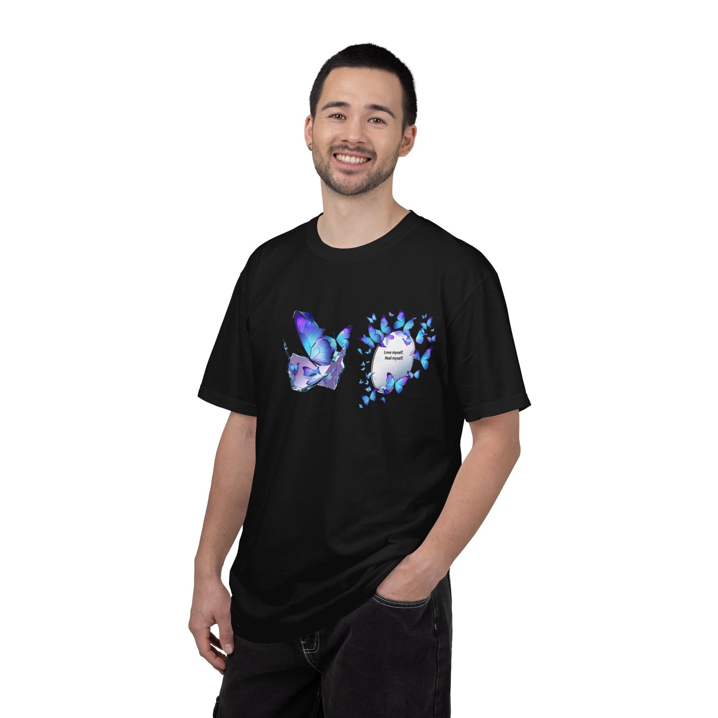 Butterfly Heart T-Shirt — Blue Watercolor Butterflies & "Everyone Deserves Love" Design