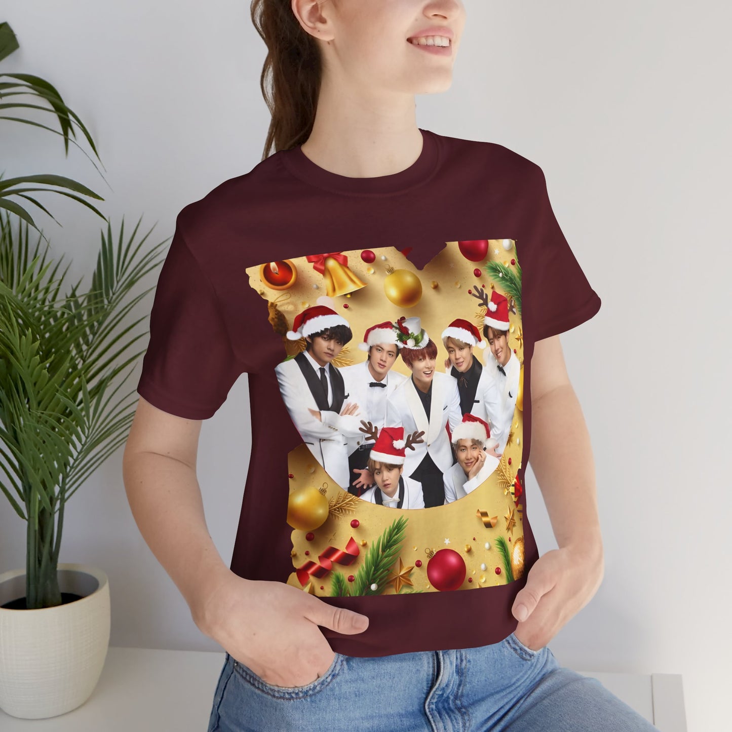 Christmas BTS Photo T‑Shirt — Holiday Santa Hat Group Design