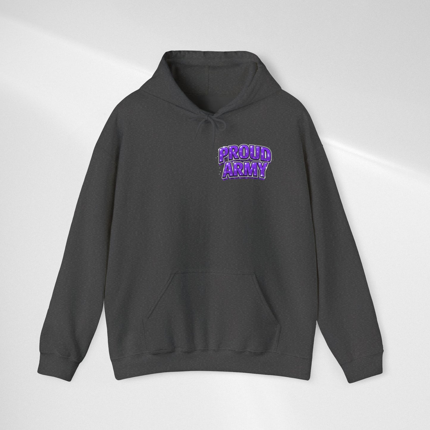 Proud Army Hoodie — Bold Purple Text Military Support Pullover