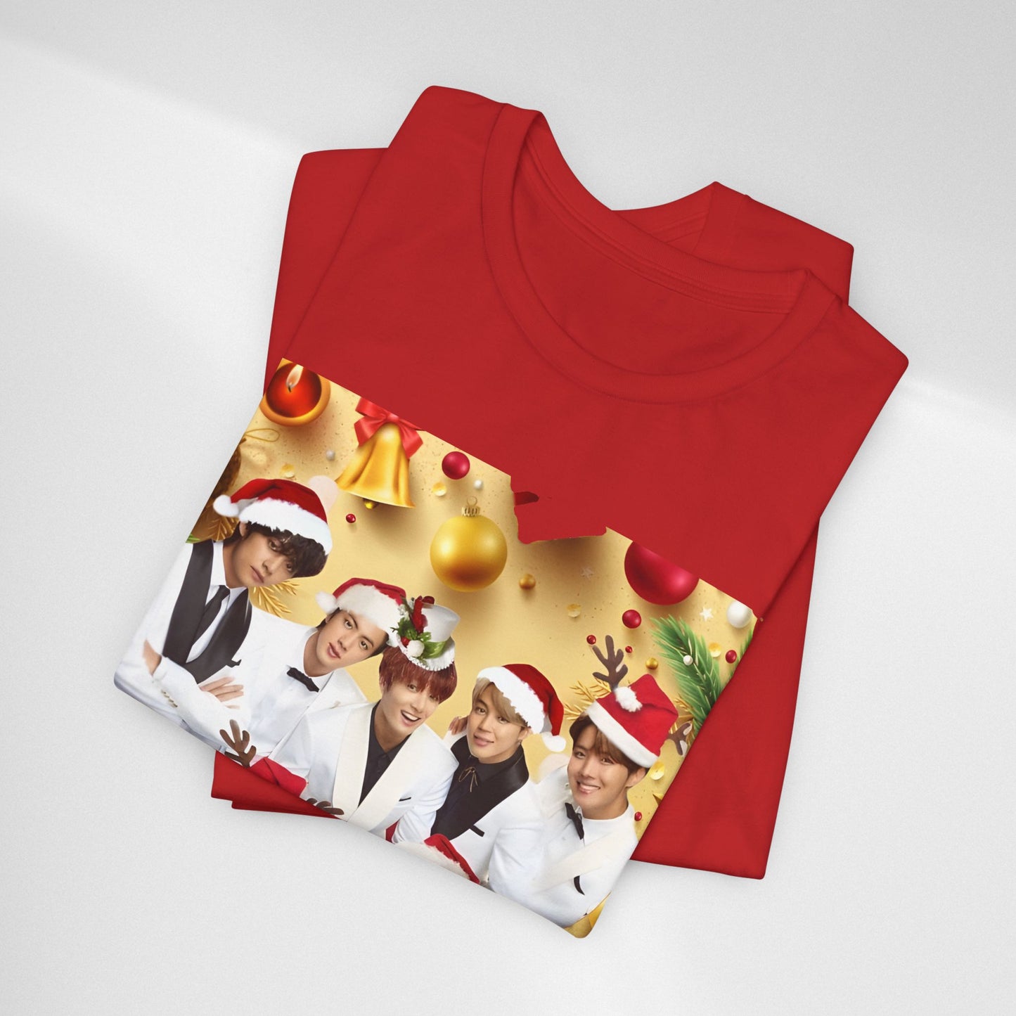 Christmas BTS Photo T‑Shirt — Holiday Santa Hat Group Design