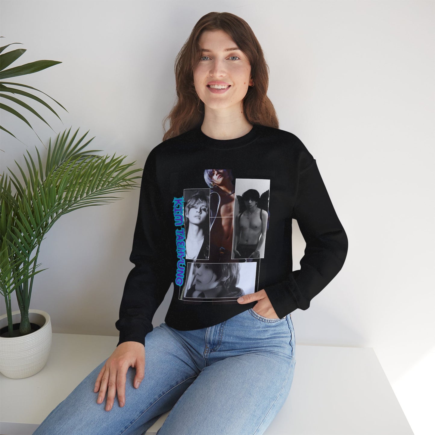 Collage Photo Crewneck Sweatshirt — Retro Portraits with Blue 'KPOP TAEHYUNG' Text