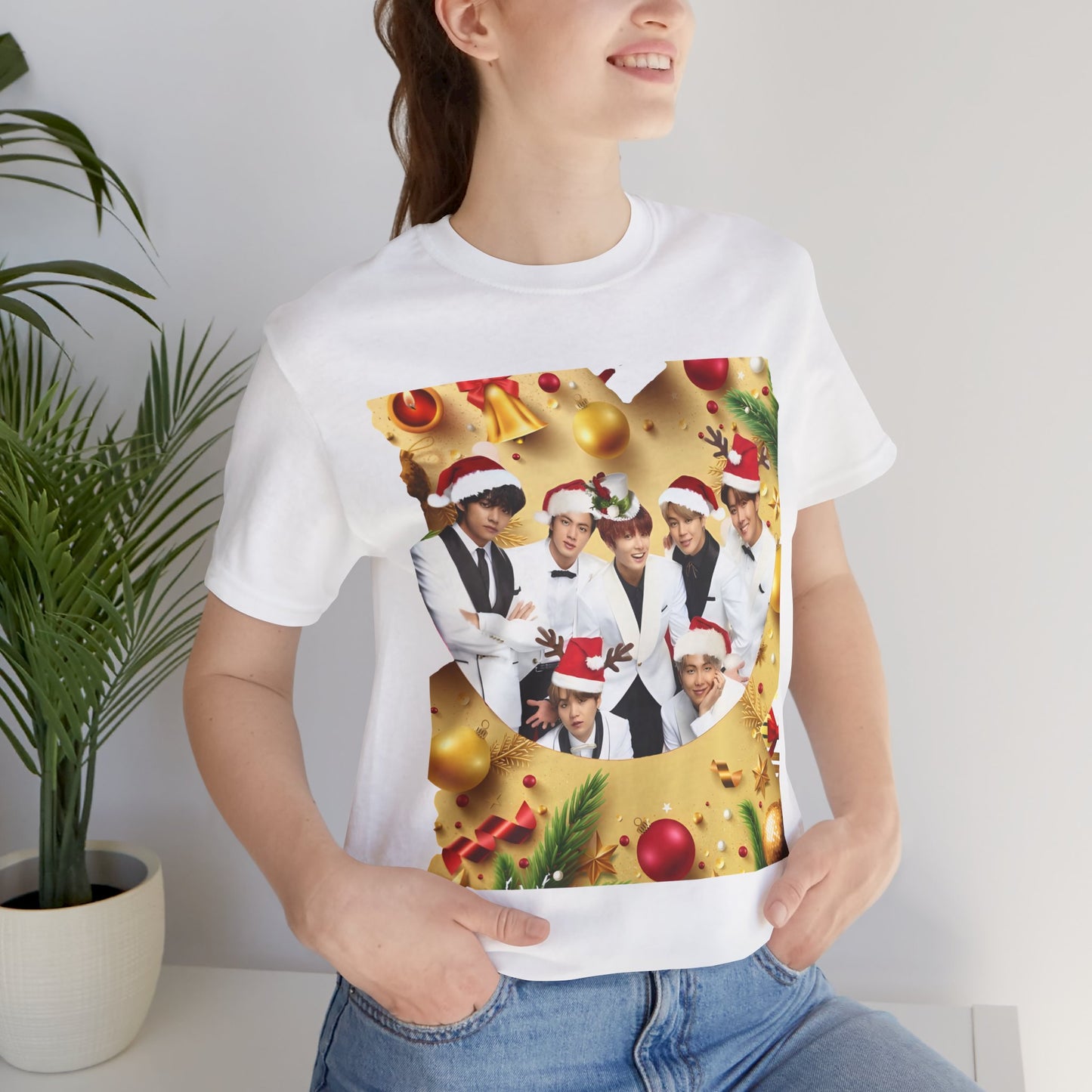 Christmas BTS Photo T‑Shirt — Holiday Santa Hat Group Design