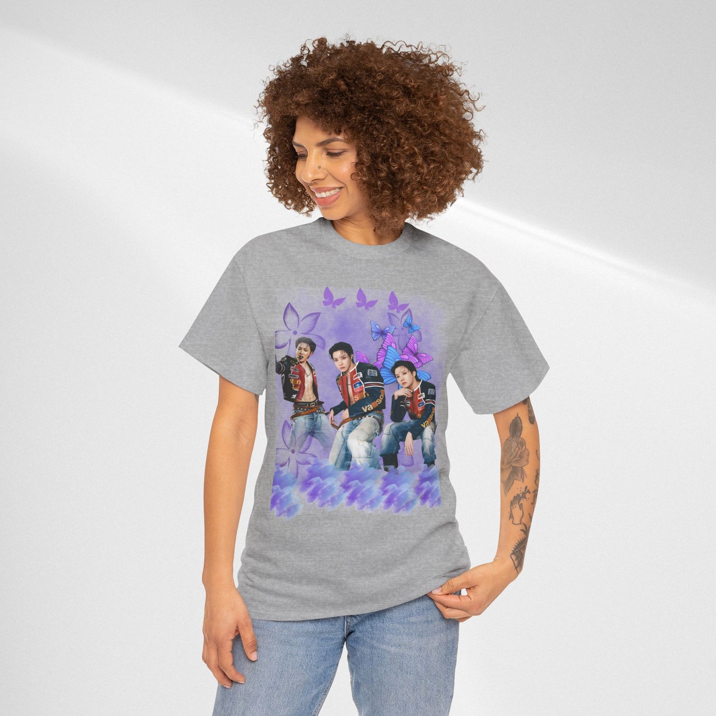 JHOPE Retro Pop Band Portrait Tee — Purple Butterfly Graphic T-Shirt