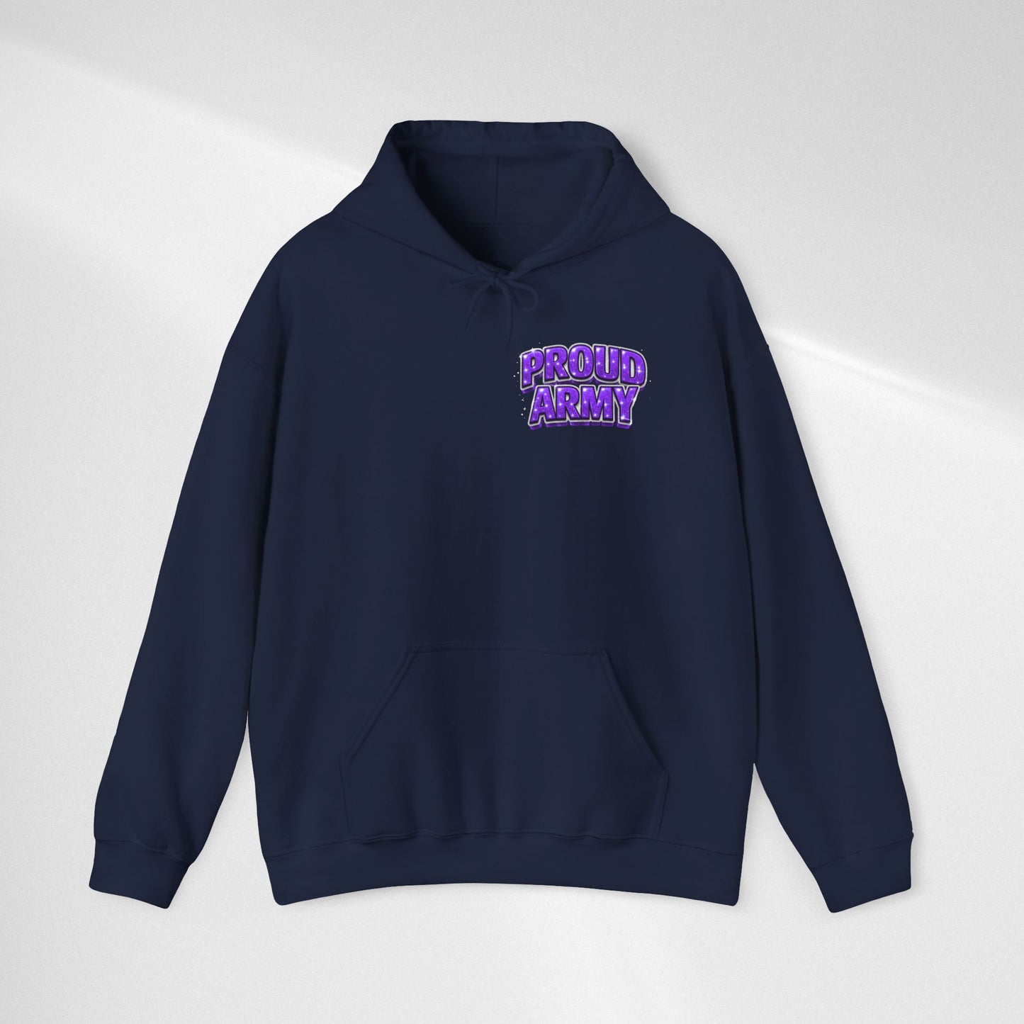 Proud Army Hoodie — Bold Purple Text Military Support Pullover