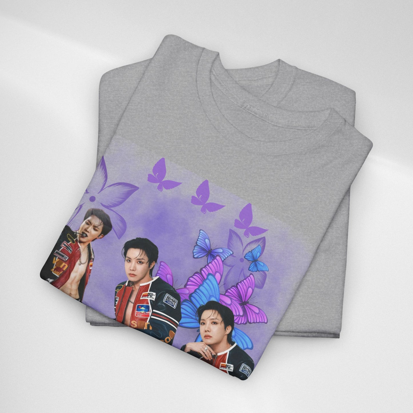 JHOPE Retro Pop Band Portrait Tee — Purple Butterfly Graphic T-Shirt