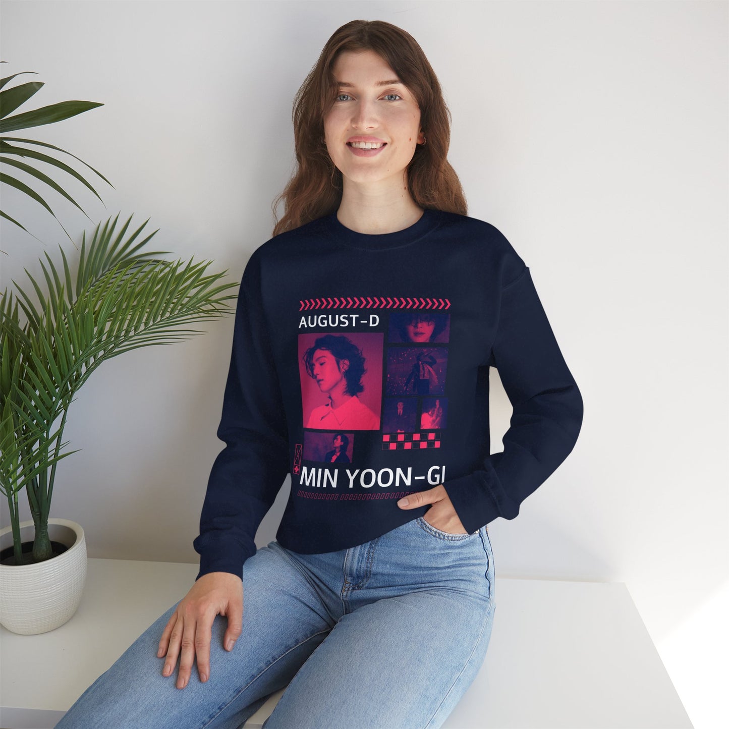 Graphic Crewneck Sweatshirt — 'MIN YOON-GI' Neon Photo Collage