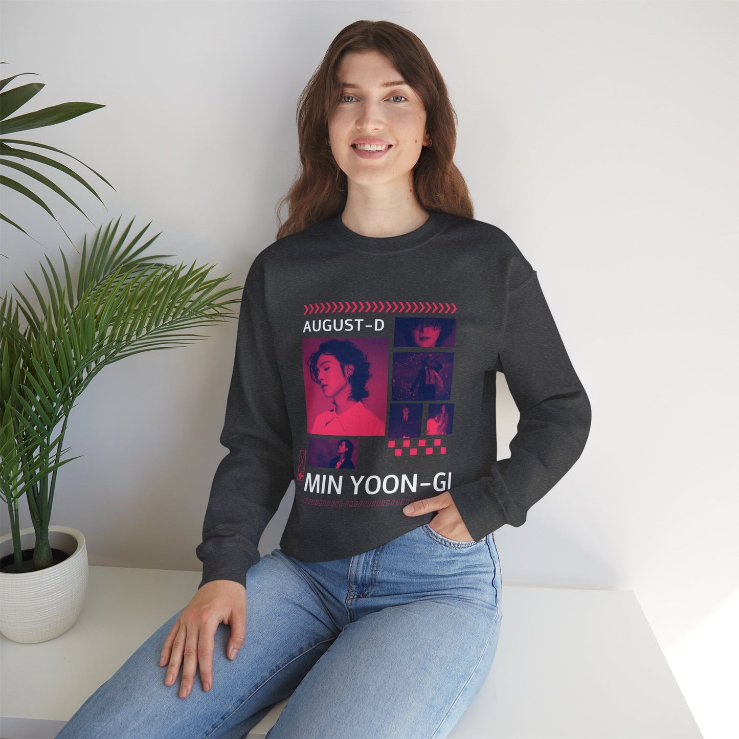 Graphic Crewneck Sweatshirt — 'MIN YOON-GI' Neon Photo Collage