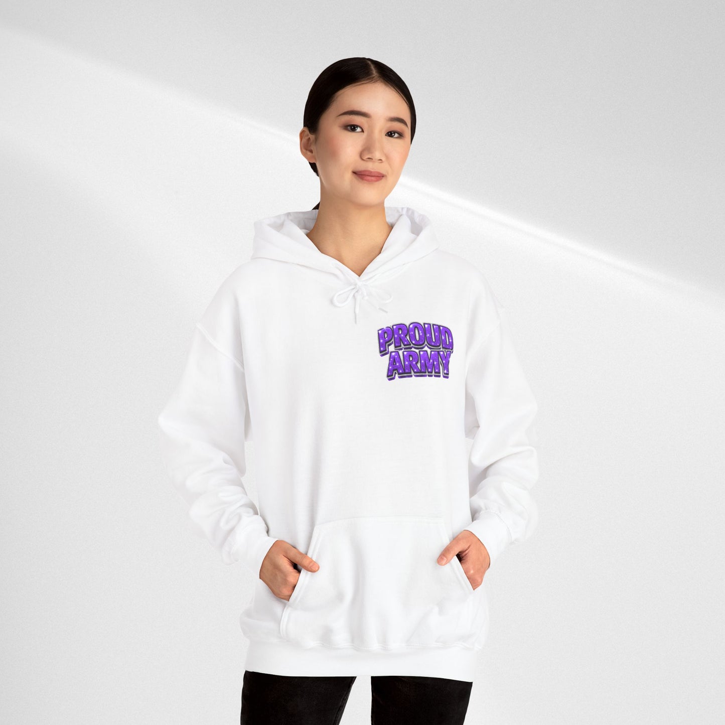Proud Army Hoodie — Bold Purple Text Military Support Pullover