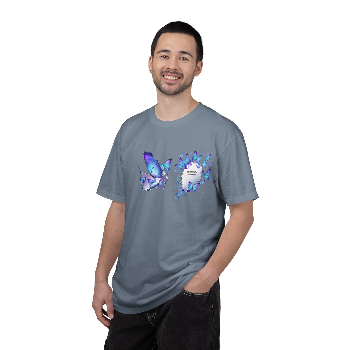 Butterfly Heart T-Shirt — Blue Watercolor Butterflies & "Everyone Deserves Love" Design