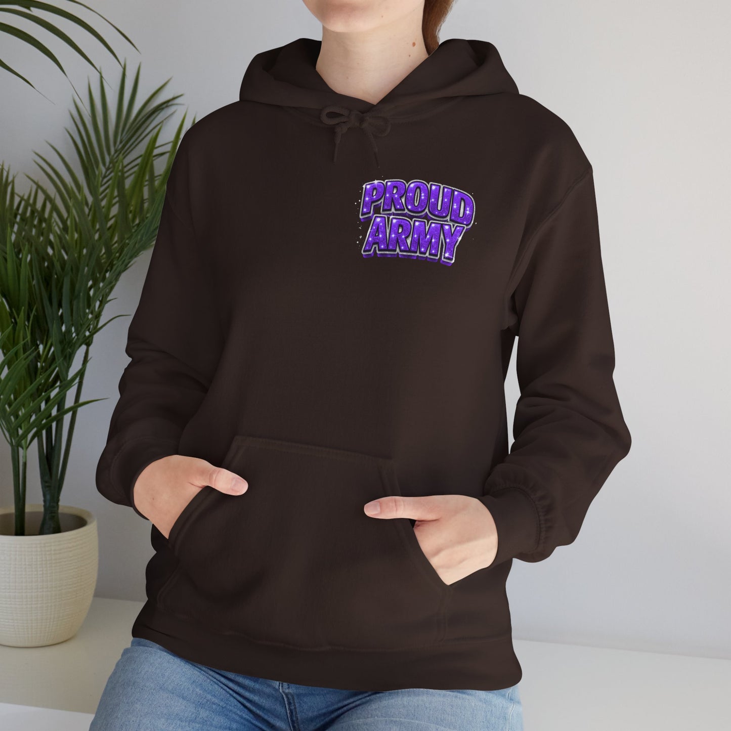 Proud Army Hoodie — Bold Purple Text Military Support Pullover