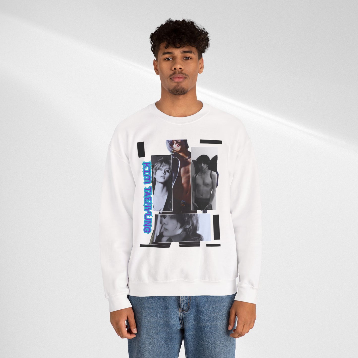 Collage Photo Crewneck Sweatshirt — Retro Portraits with Blue 'KPOP TAEHYUNG' Text