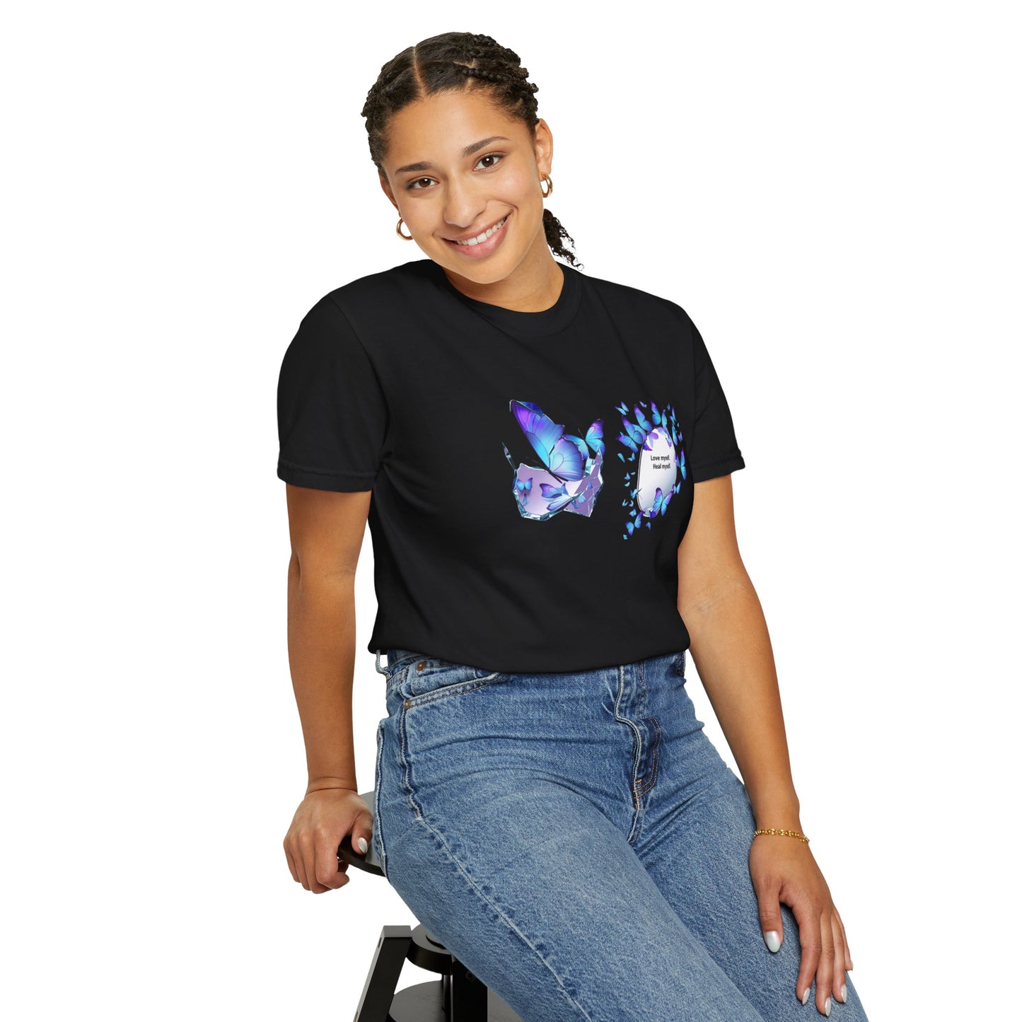 Butterfly Heart T-Shirt — Blue Watercolor Butterflies & "Everyone Deserves Love" Design