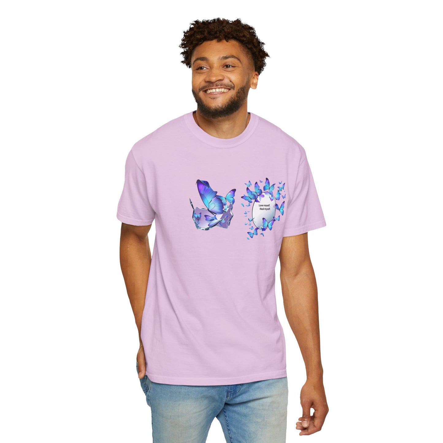 Butterfly Heart T-Shirt — Blue Watercolor Butterflies & "Everyone Deserves Love" Design