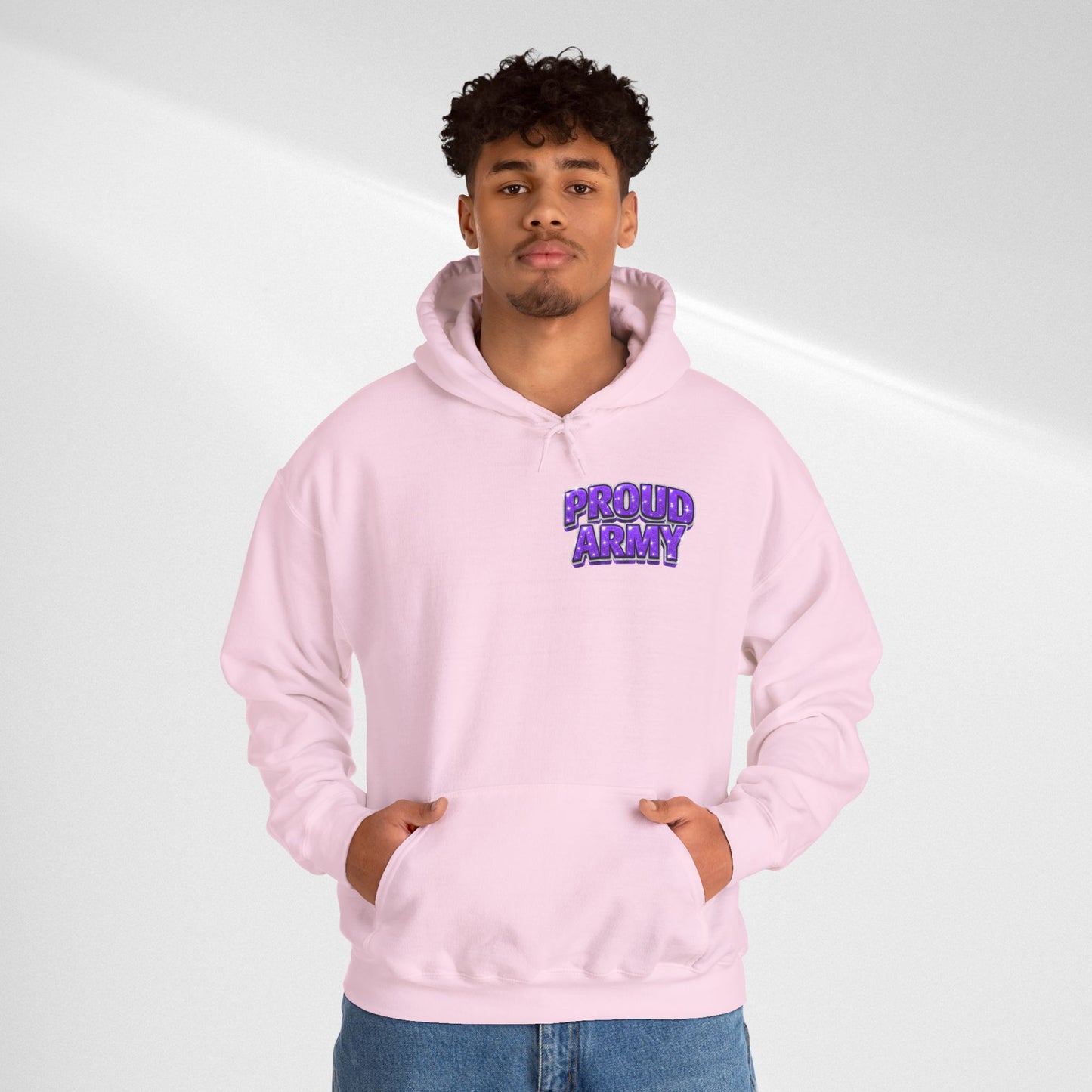 Proud Army Hoodie — Bold Purple Text Military Support Pullover