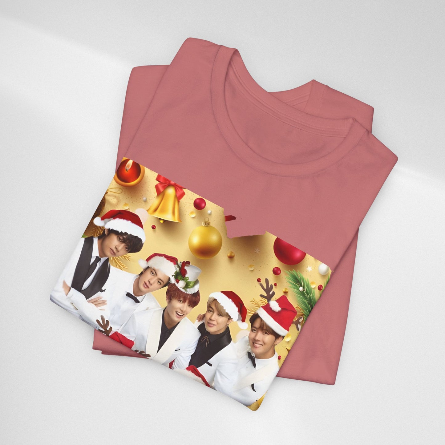 Christmas BTS Photo T‑Shirt — Holiday Santa Hat Group Design