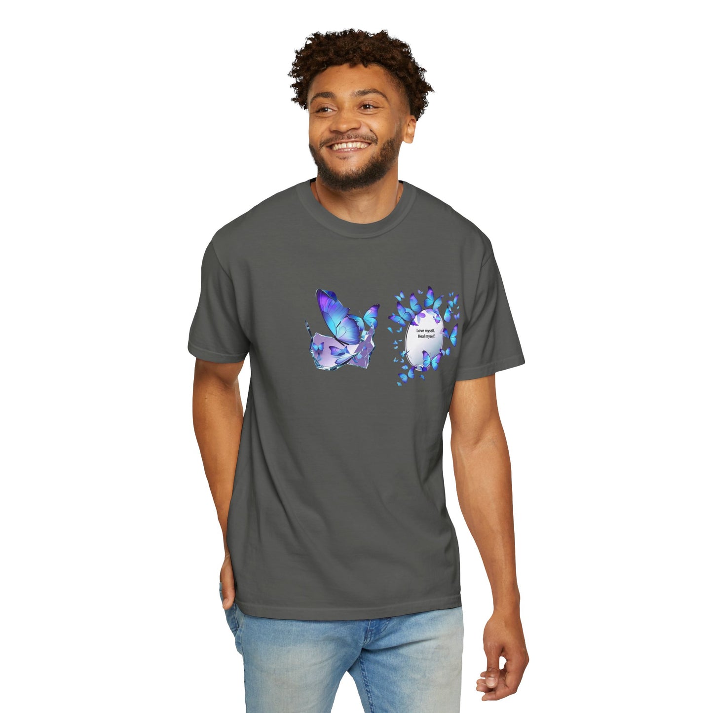 Butterfly Heart T-Shirt — Blue Watercolor Butterflies & "Everyone Deserves Love" Design