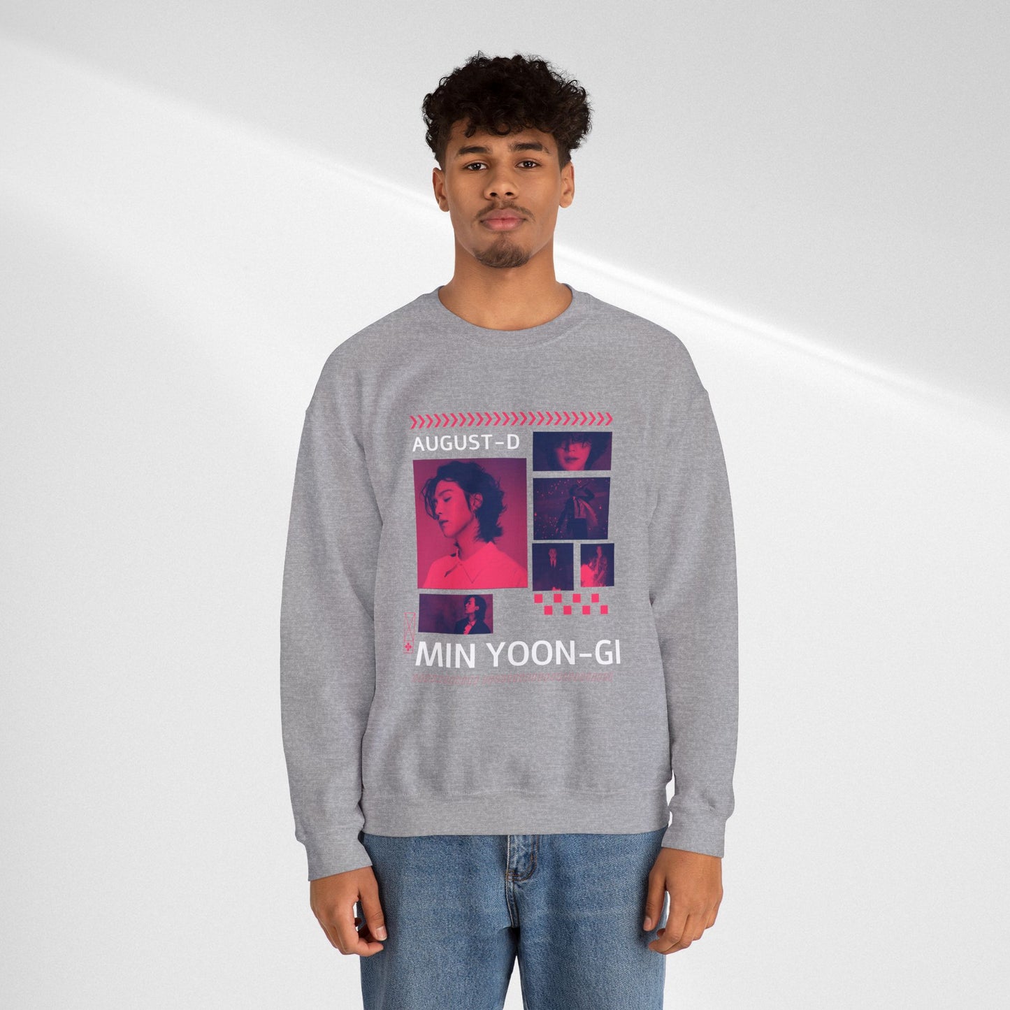 Graphic Crewneck Sweatshirt — 'MIN YOON-GI' Neon Photo Collage