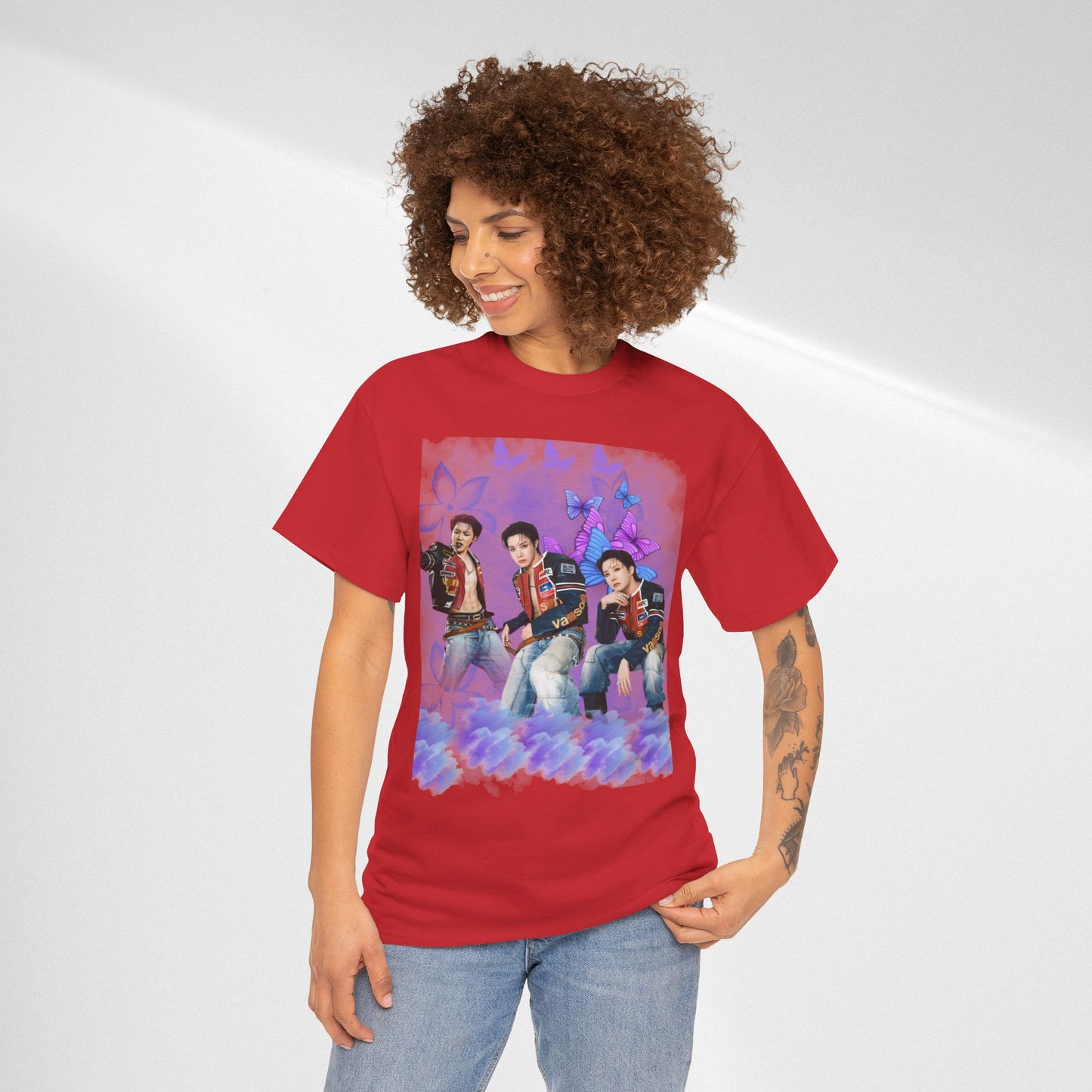 JHOPE Retro Pop Band Portrait Tee — Purple Butterfly Graphic T-Shirt