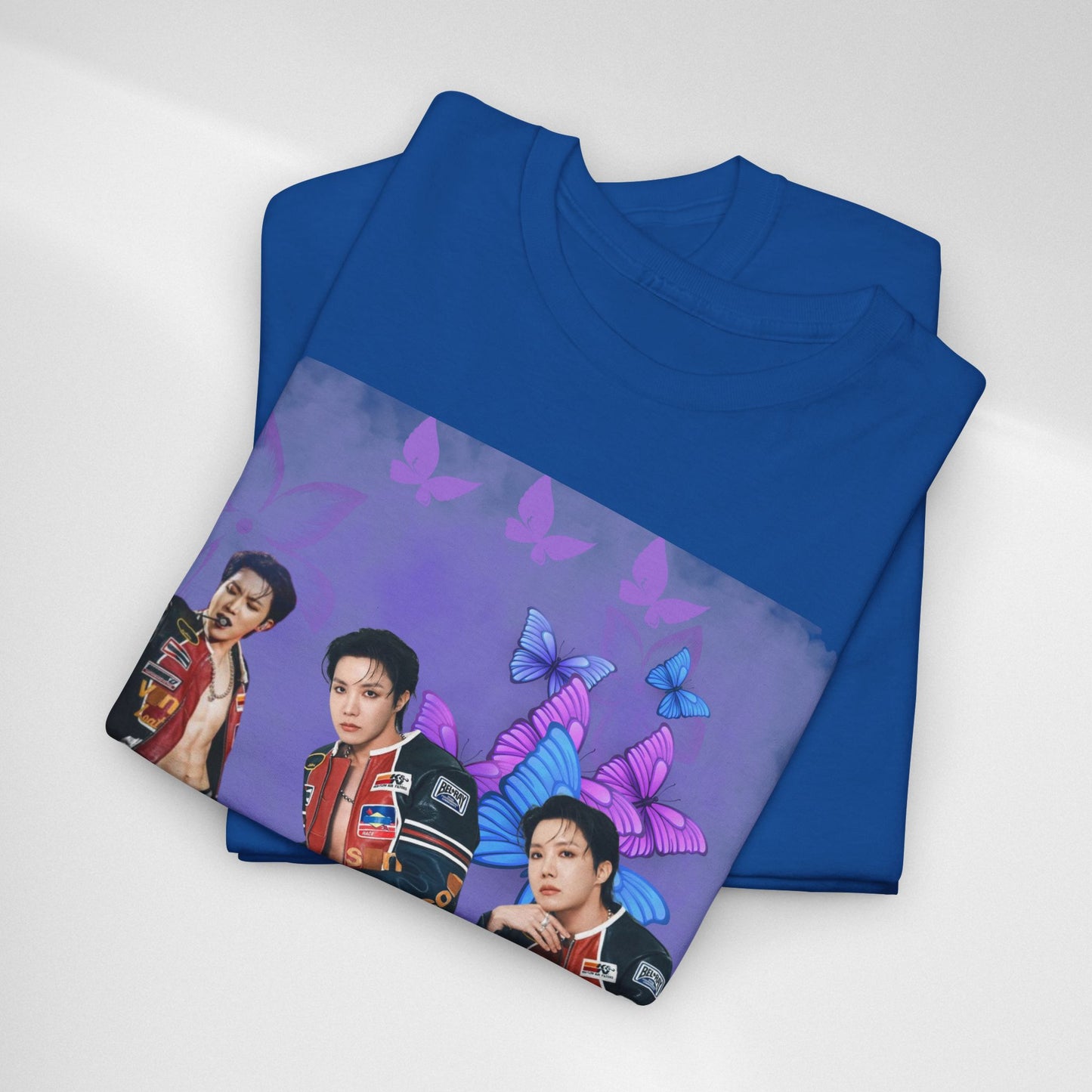 JHOPE Retro Pop Band Portrait Tee — Purple Butterfly Graphic T-Shirt