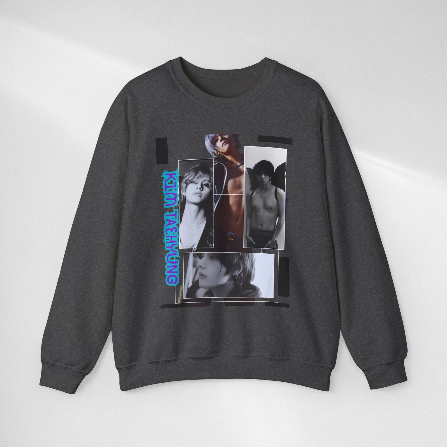 Collage Photo Crewneck Sweatshirt — Retro Portraits with Blue 'KPOP TAEHYUNG' Text
