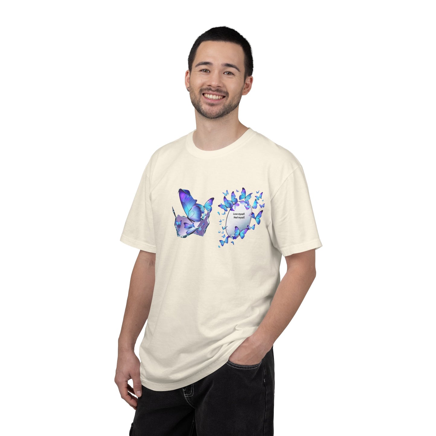 Butterfly Heart T-Shirt — Blue Watercolor Butterflies & "Everyone Deserves Love" Design