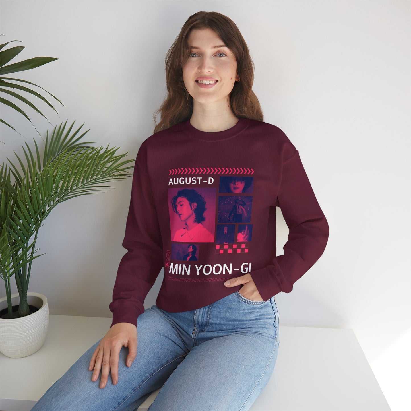 Graphic Crewneck Sweatshirt — 'MIN YOON-GI' Neon Photo Collage