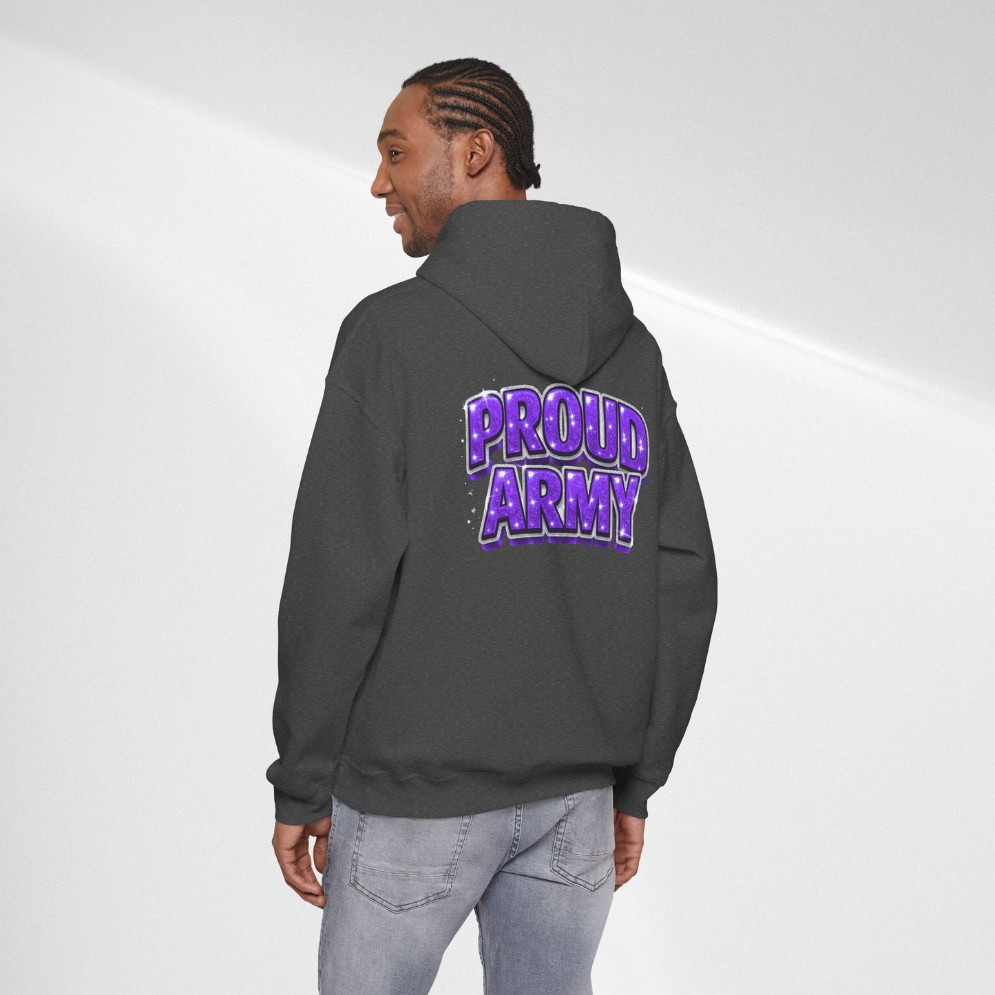 Proud Army Hoodie — Bold Purple Text Military Support Pullover