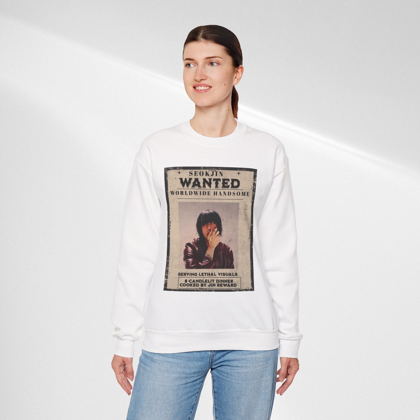 Wanted Poster Crewneck Sweatshirt — "Seokjin Wanted: Worldwide Handsome" Vintage K-pop Pullover