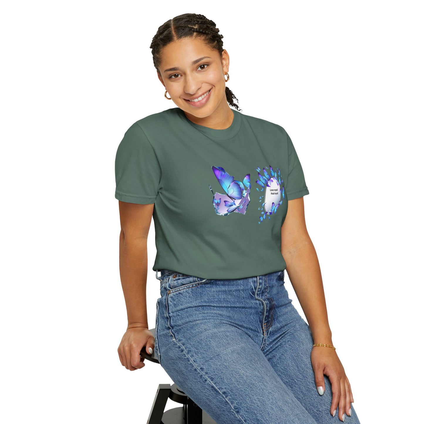 Butterfly Heart T-Shirt — Blue Watercolor Butterflies & "Everyone Deserves Love" Design