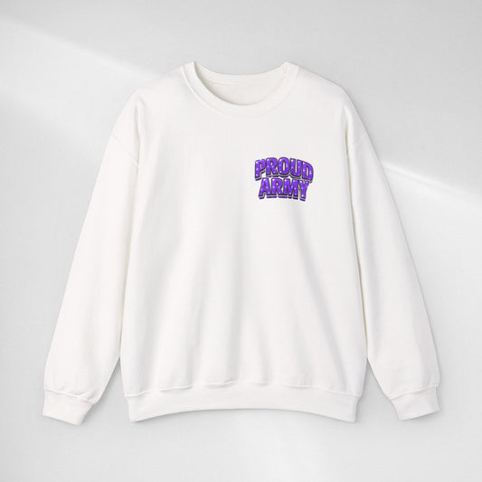 Proud Army Crewneck Sweatshirt — Bold Purple Graphic